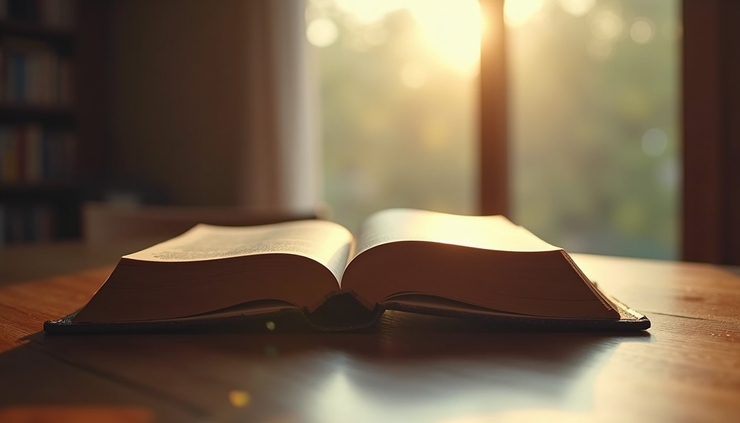 Eye-level view of a worn Bible resting on a wooden table with soft morning light