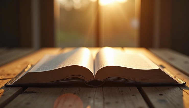 Eye-level view of a worn Bible open on a wooden table with soft sunlight streaming in