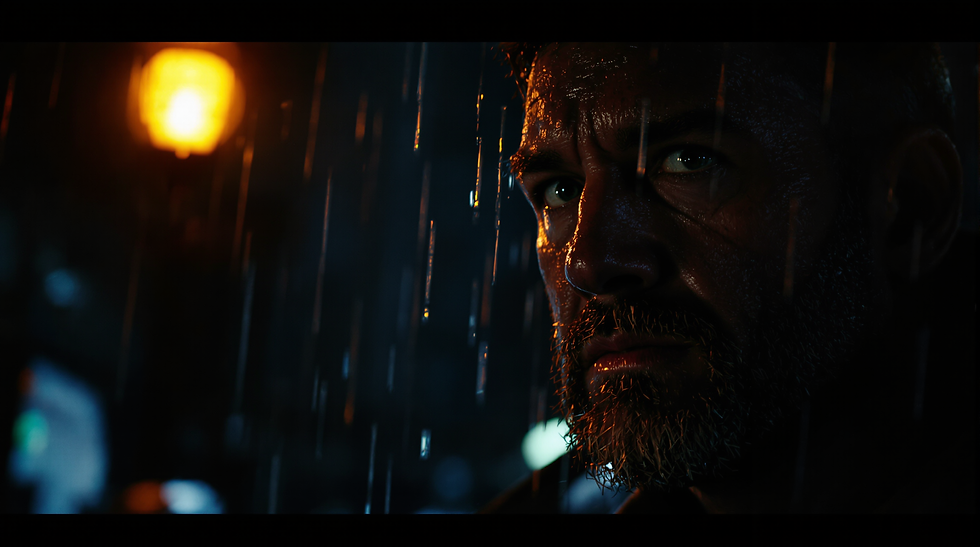 Close-up of a man's face at night, intense expression. Rain droplets fall, glowing orange light in the background. Moody and dramatic.