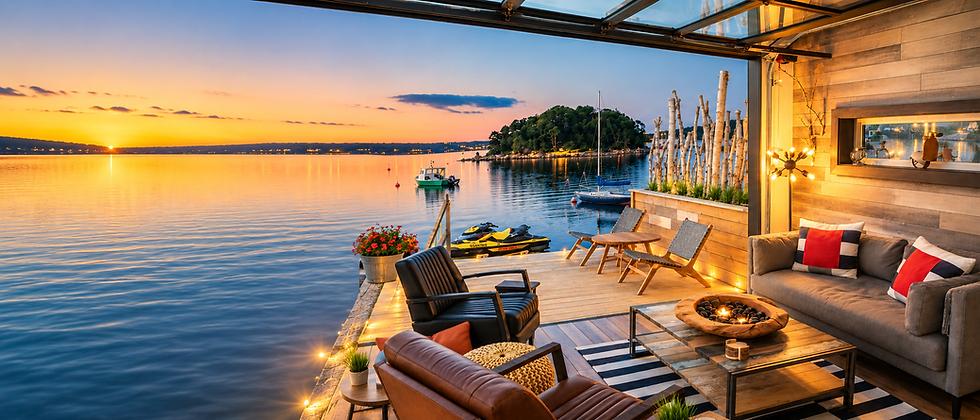 Luxury outdoor amenities at Seacliff Halifax on a oceanfront deck at sunset