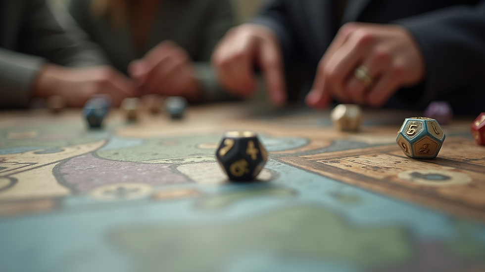 Eye-level view of a tabletop gaming setup with dice and character sheets