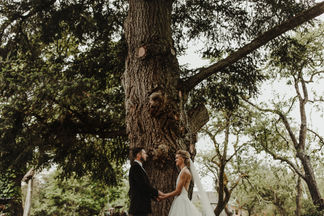 A+C's west coast island wedding at Bilston Creek Farm was a stunning celebration that embraced the moody atmosphere of the surroundings in all the right ways. With dramatic rain and a lush forest as their backdrop, the couple took full advantage of the picturesque property, resulting in breathtaking photos that captured the essence of their special day. Their outdoor ceremony was held beneath a magnificent tree, creating a magical setting that was both intimate and enchanting. The reception, located in The Barn, was designed with simplicity and elegance in mind, featuring rustic wooden tables, stylish black metal chairs, and beautiful fresh evergreens, all working together to enhance the natural beauty of the venue.
