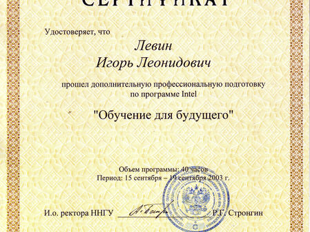Сертификат доп. профес. поддготовки И. Л. Левина: Intel - обучение для будущего