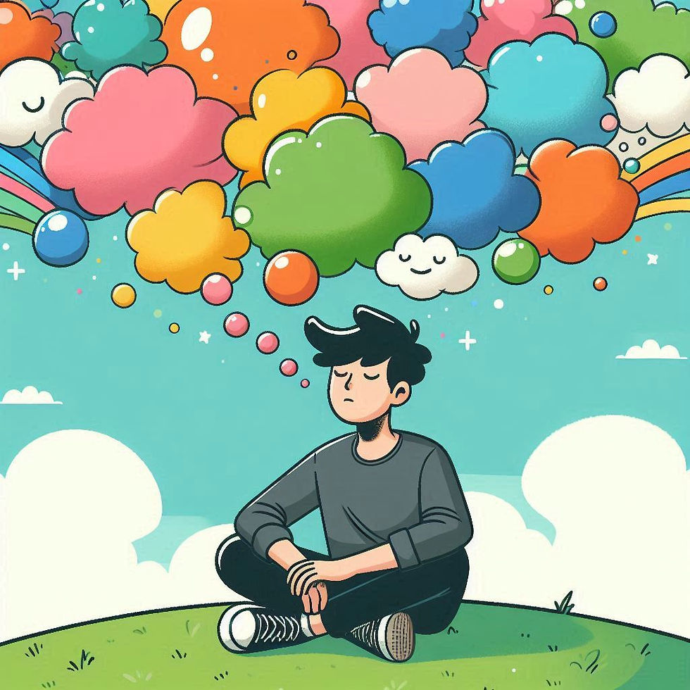 jongen die zit met gekleurde gedachtewolkjes boven zich