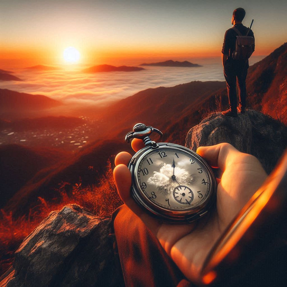 man op berg, klok met tijd