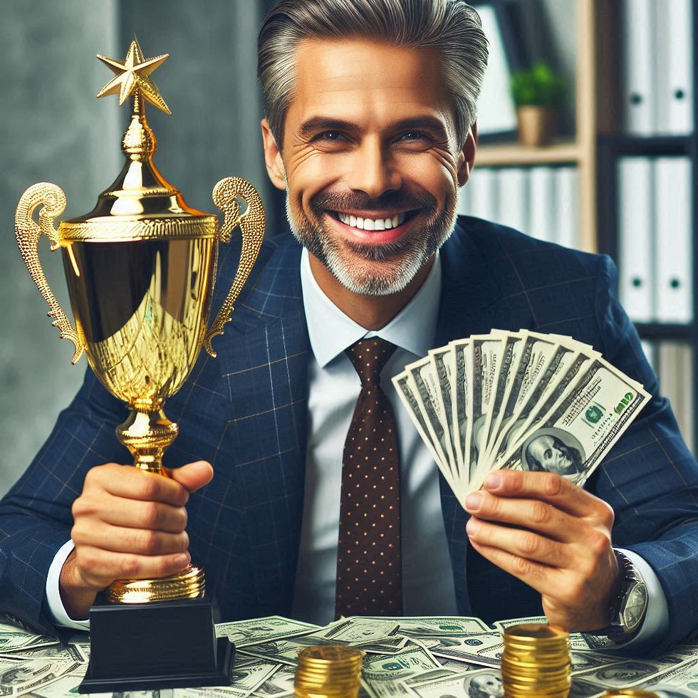 man met geld en trofee in zijn hand