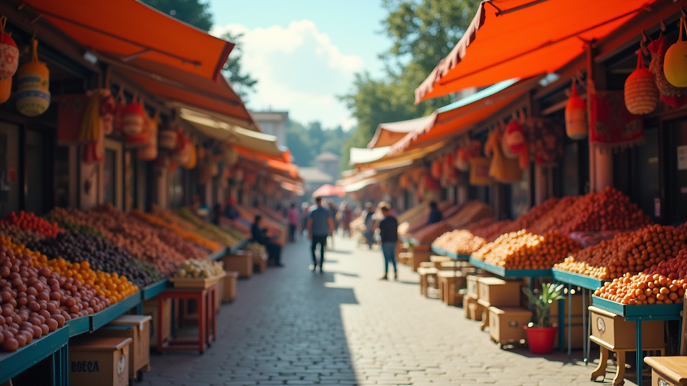 Eye-level view of a vibrant outdoor market filled with colorful stalls