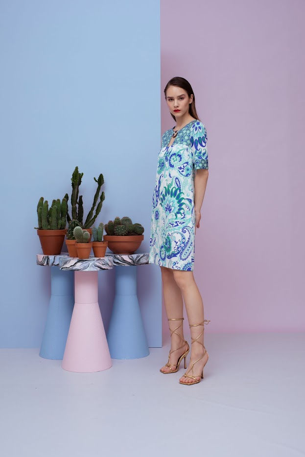 Abito stampa verde acqua con glitter Clips