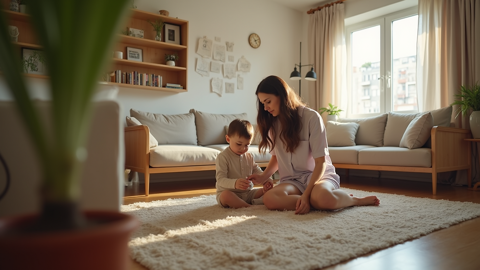 Eye-level view of a cozy living room with a nanny playing with a child
