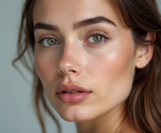 A-close-up-of-a-woman's-face-featuring-flawlessly-shaped-eyebrows-and-a-subtly-tinted-lip,