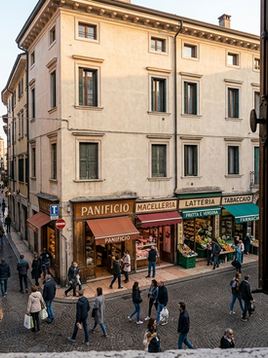 Veduta prospettica da una finestra del secondo piano su una piazzetta storica di San Zeno, Verona, animata da passanti; in primo piano spiccano le insegne tradizionali di un panificio, una latteria e un'osteria, con la punta di un campanile che svetta tra i tetti sulla sinistra