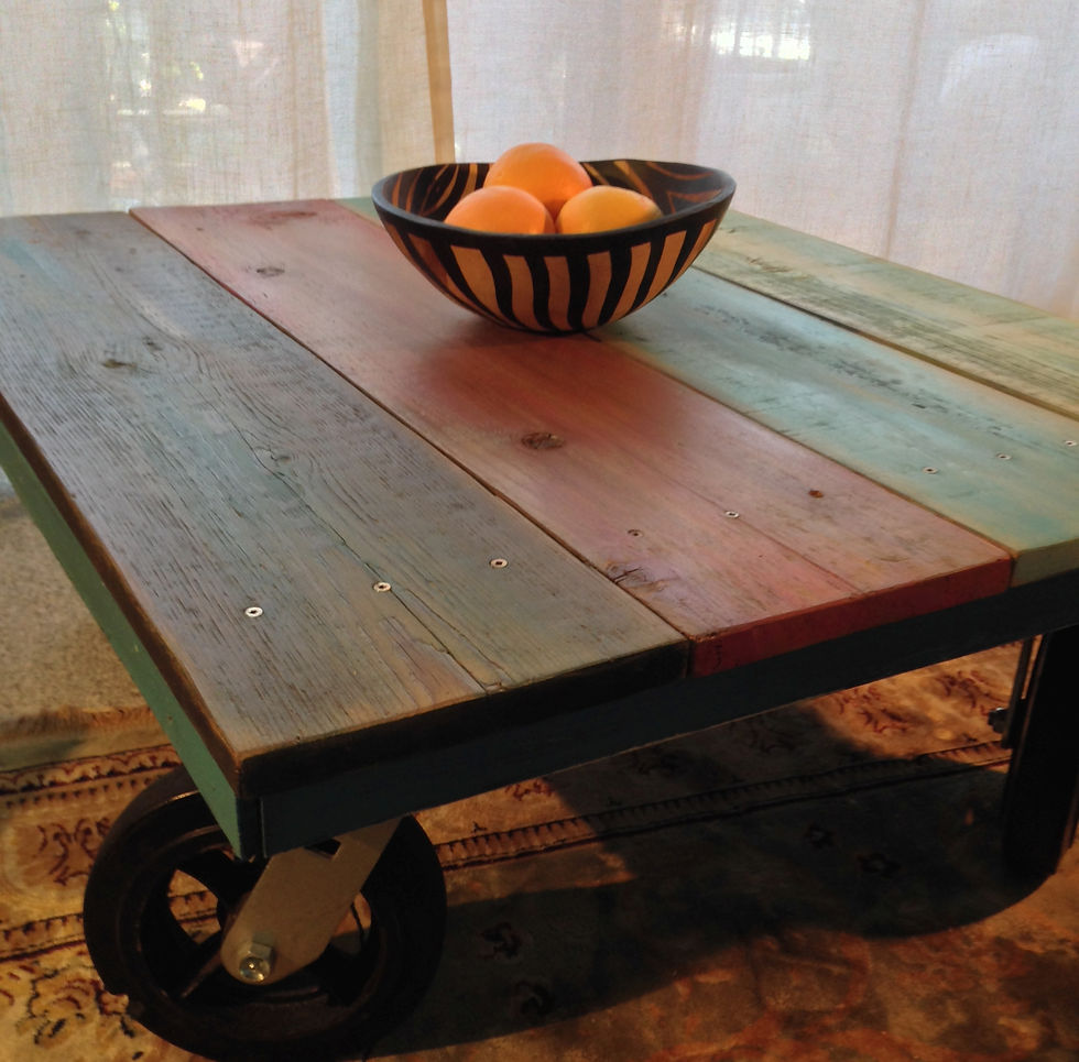 Thumbnail: Reclaimed Wood Coffee Table with Big Wheels