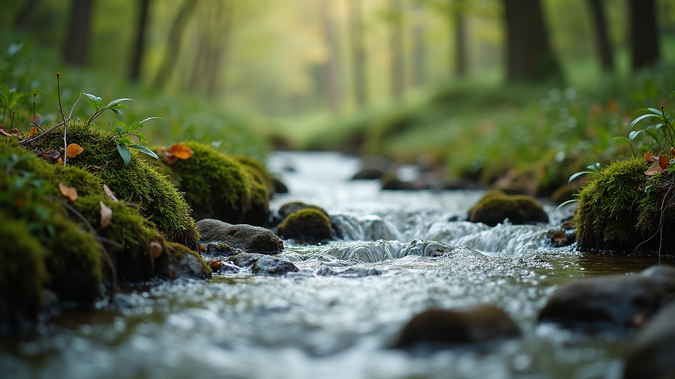 Close-up view of a serene nature scene with a flowing stream