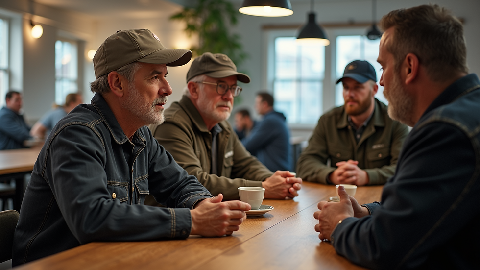Eye-level view of veterans discussing over coffee