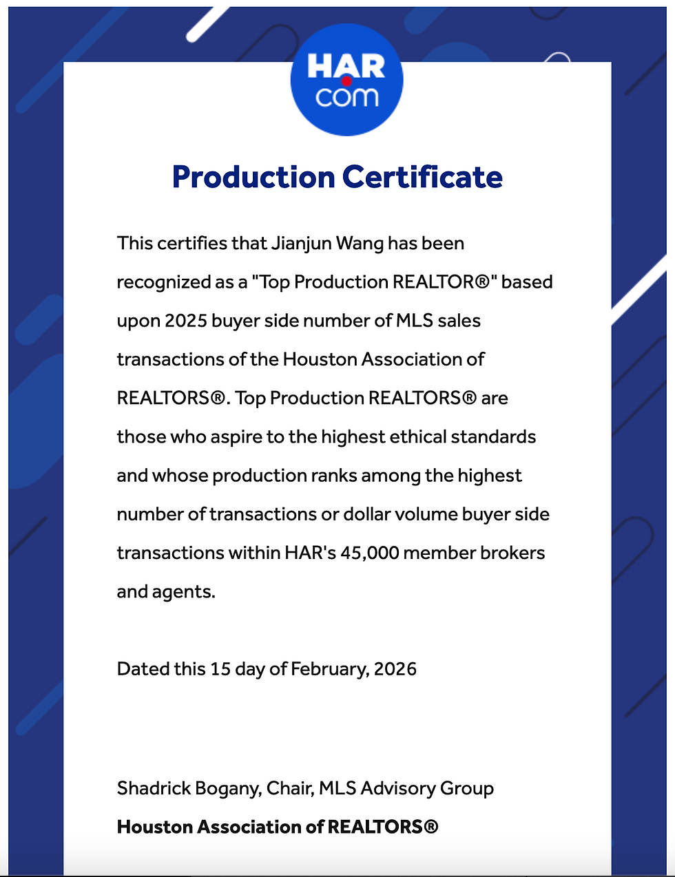 HAR recognized Dr.Wang as a "Top Production REALTOR®" in 2025