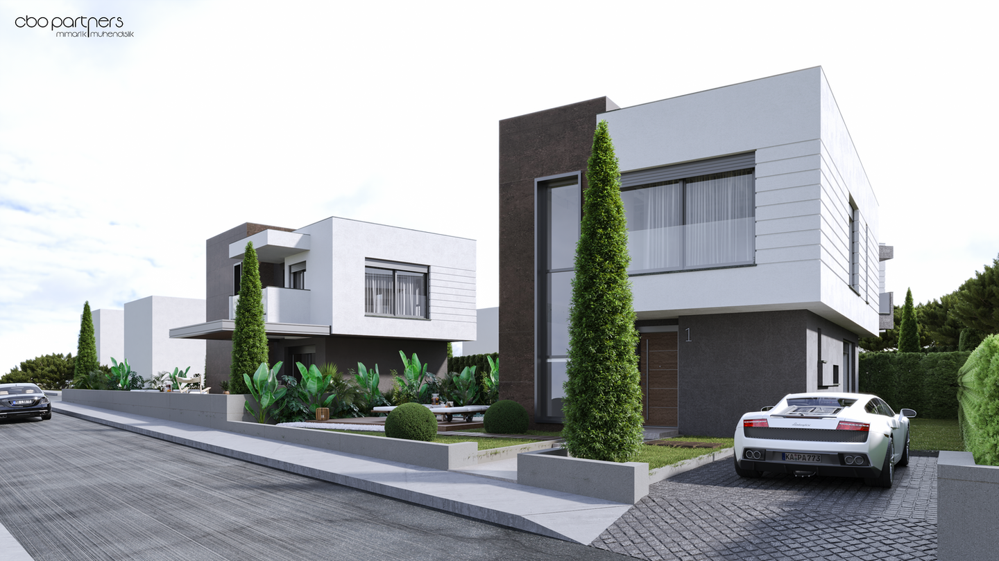Modern villalar, bahçeler ve otopark