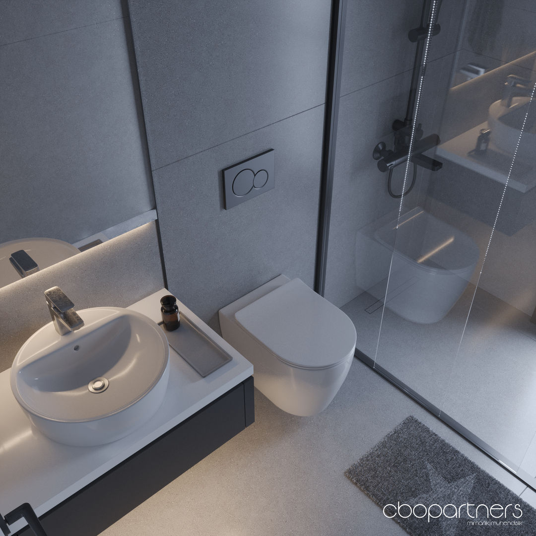 Modern banyo tasarımı, lavabo, tuvalet ve duş ile