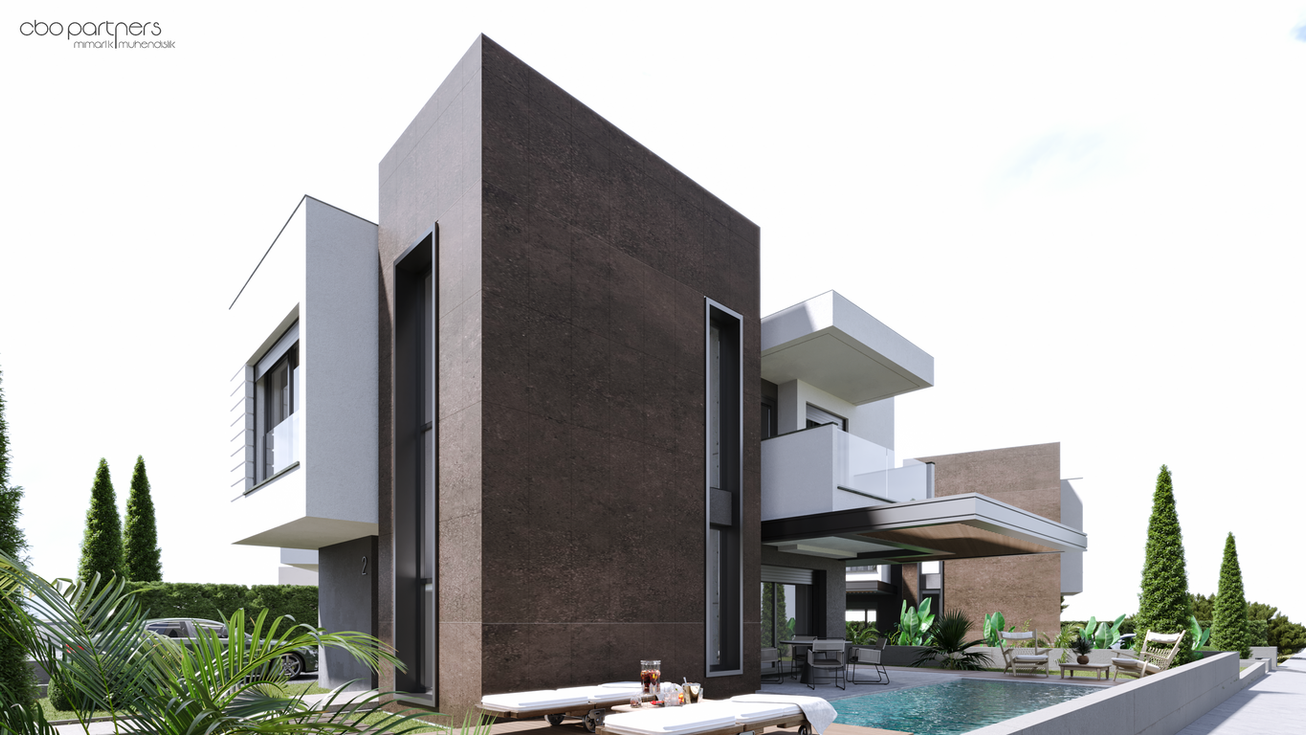 Modern villa, havuzlu bahçe tasarımı