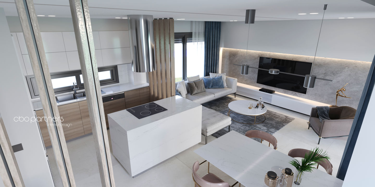 Modern villa oturma odası ve mutfak tasarımı