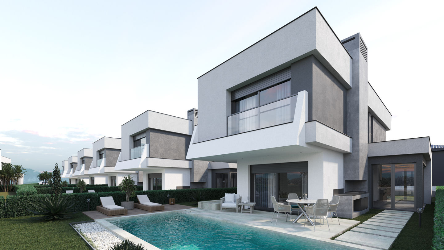 Modern villalar, havuz ve bahçe, lüks yaşam alanı