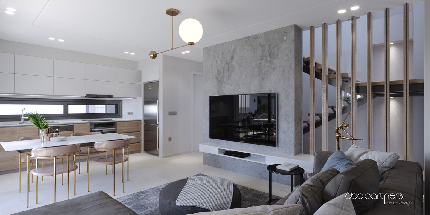 Modern villa iç tasarımı: Açık mutfak, oturma odası ve merdiven
