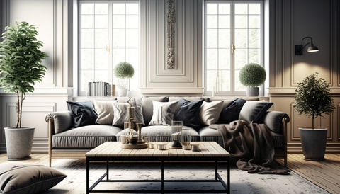 Modern living room with neutral tones, featuring a beige sofa, glass coffee table, and contemporary artwork on the walls.