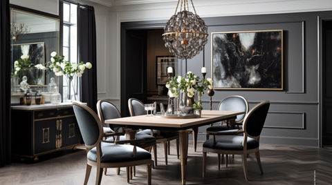 Elegant dining room with classic furnishings, including a wooden dining table, upholstered chairs, and a crystal chandelier.