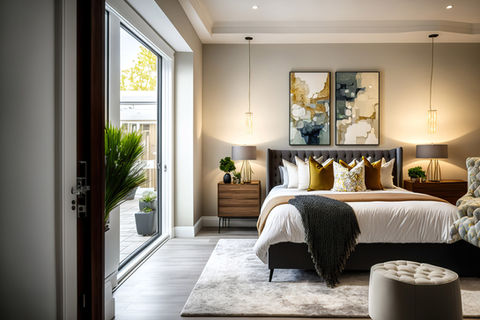 Elegant luxury bedroom design with stylish furnishings, plush bedding, and ambient lighting by premier interior designers