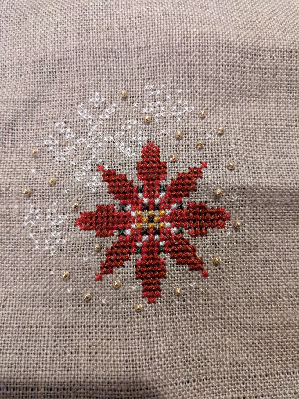 Thumbnail: Poinsettia Cross Stitched Ornament