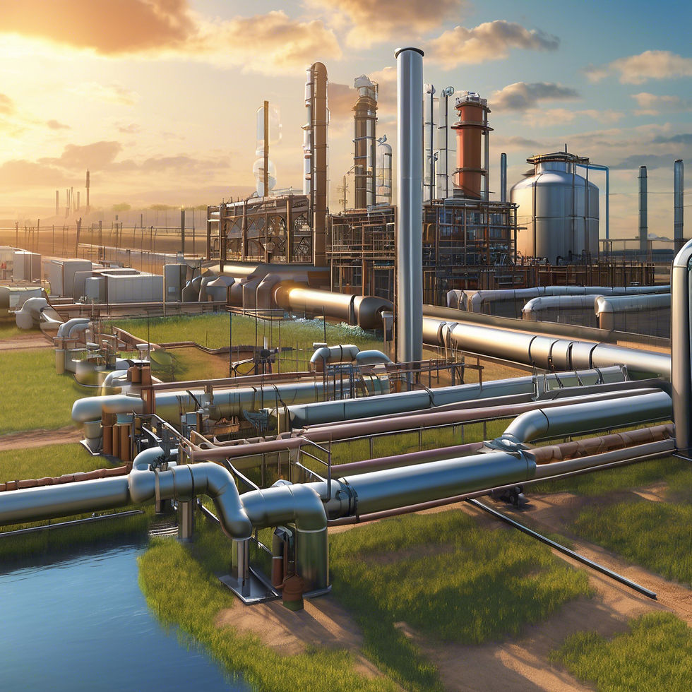 _A high-resolution industrial landscape featuring water pipelines, pumping systems, and in