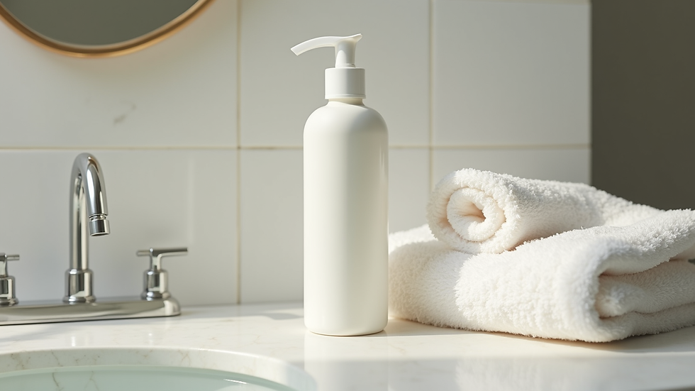 Eye-level view of a bottle of moisturizer next to a soft towel on a bathroom counter