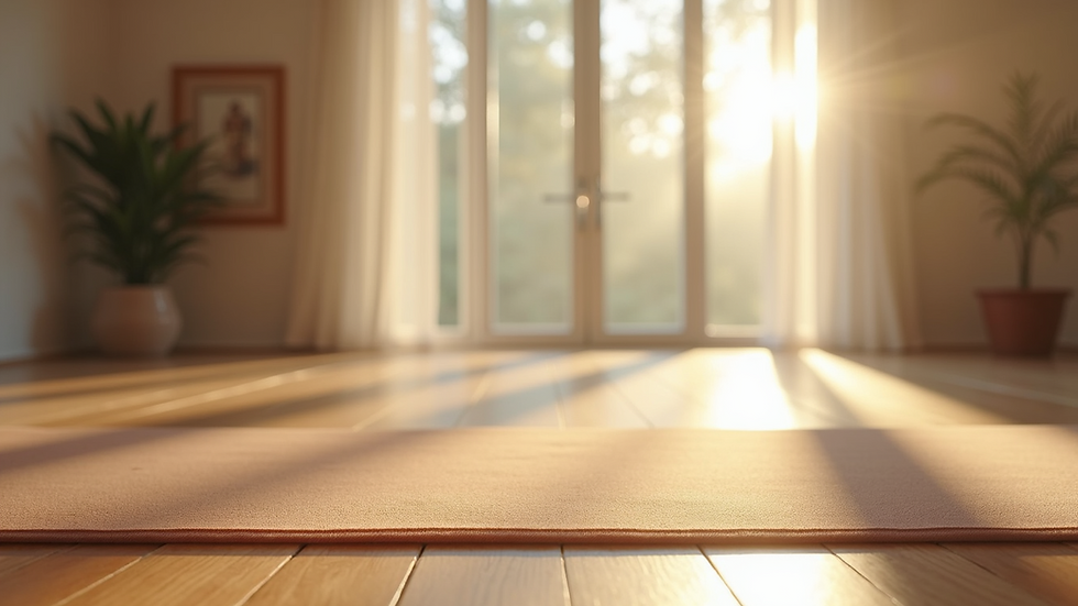 Eye-level view of a serene yoga studio with soft natural light