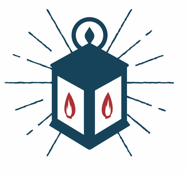 Stylized lantern with light rays, blue and red color scheme.