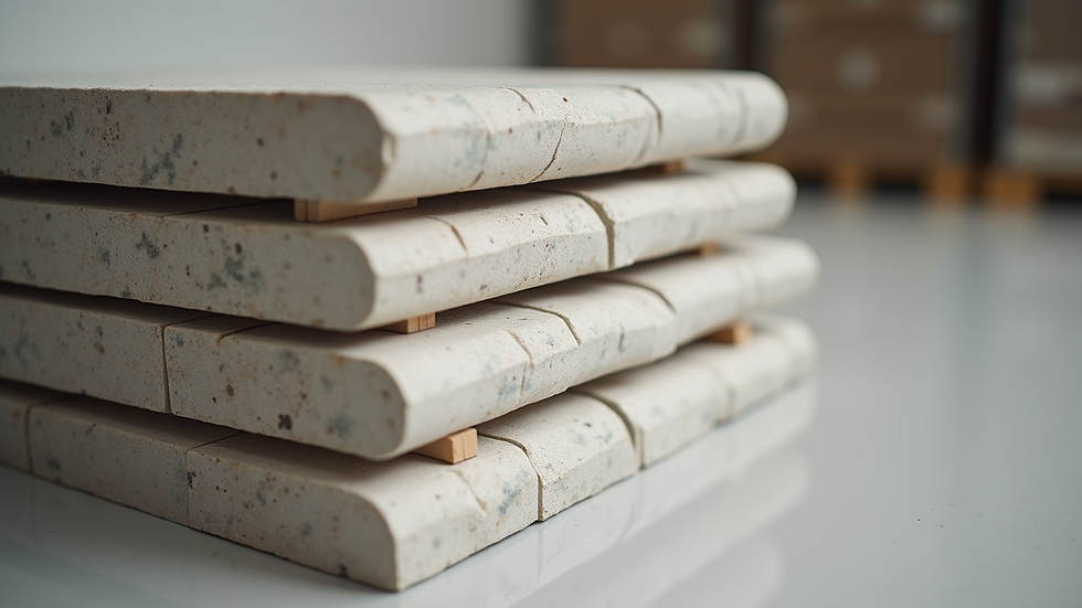 Close-up view of large ceramic wall tiles stacked in a warehouse