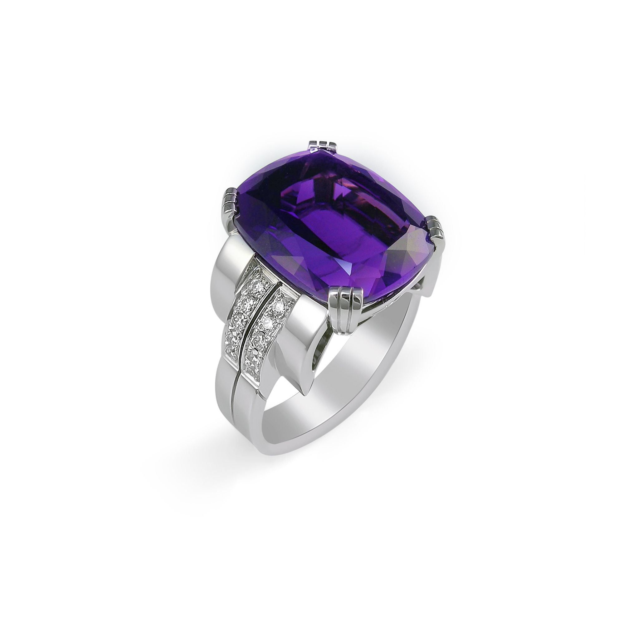 Cushion Cut Amethyst ring set in an Art Deco style.