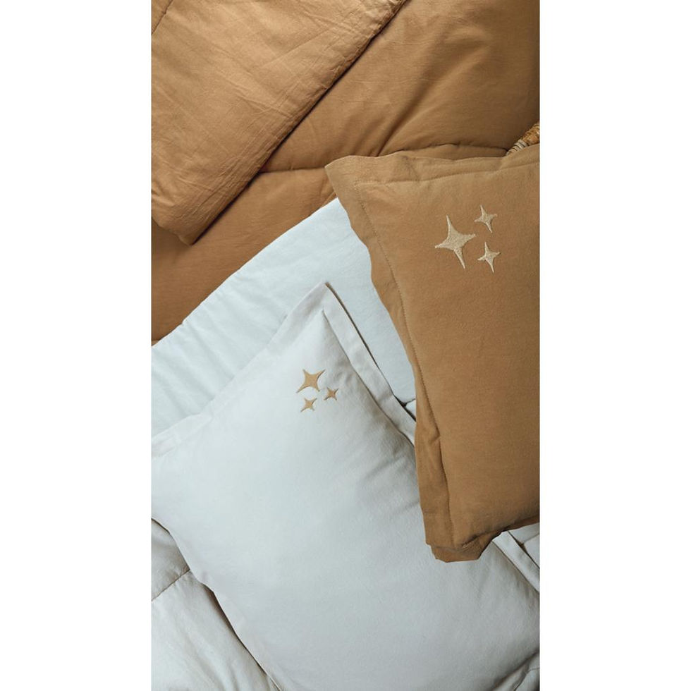 Miniatura: Juego de sábanas de algodón lavado, estampado de estrellas color camel, tamaño L (135 cm x 110 cm).