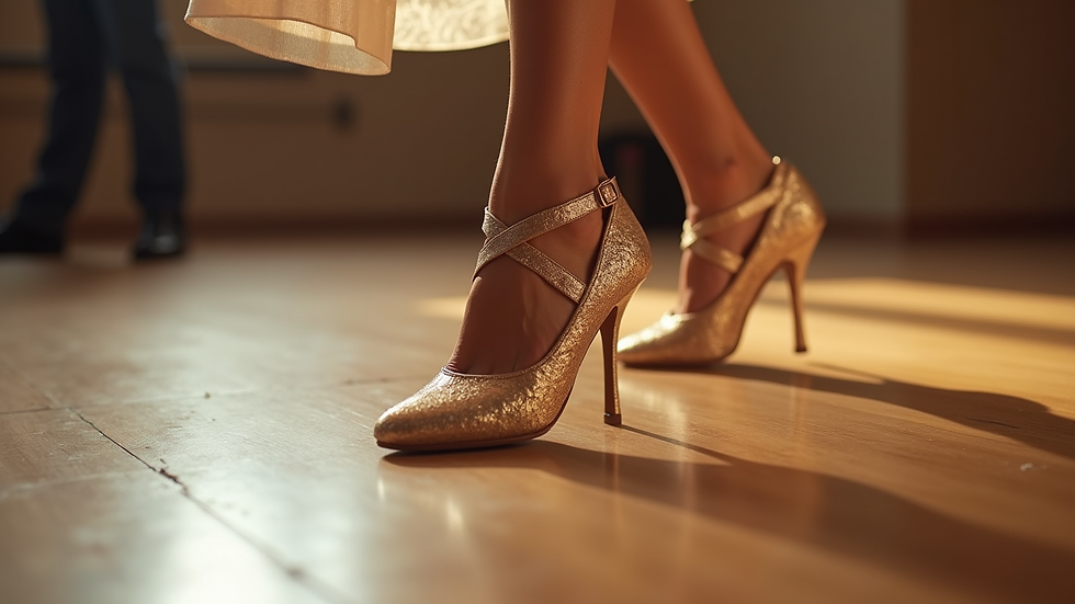Close-up view of a dancer’s polished ballroom shoes gliding across the Costa Mesa studio floor