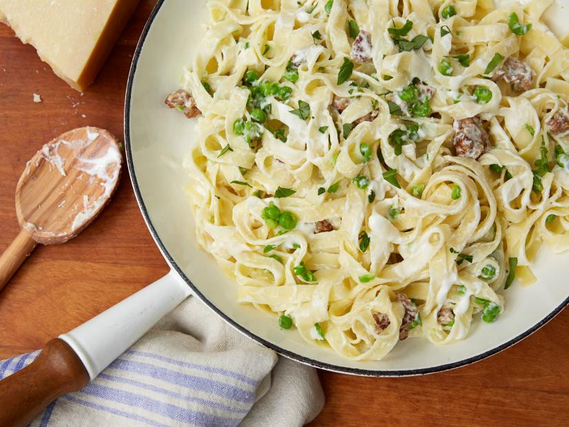 Tagliatelle with Smashed Peas, Sausage, and Ricotta Cheese recipe by Giada
