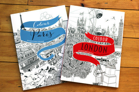 Colouring books featuring Paris and London.