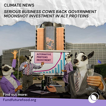 People wearing cow head masks in an action outside EU Parliament. Headline reads - Serious Business Cows back government moonshot investment in Alt Proteins
