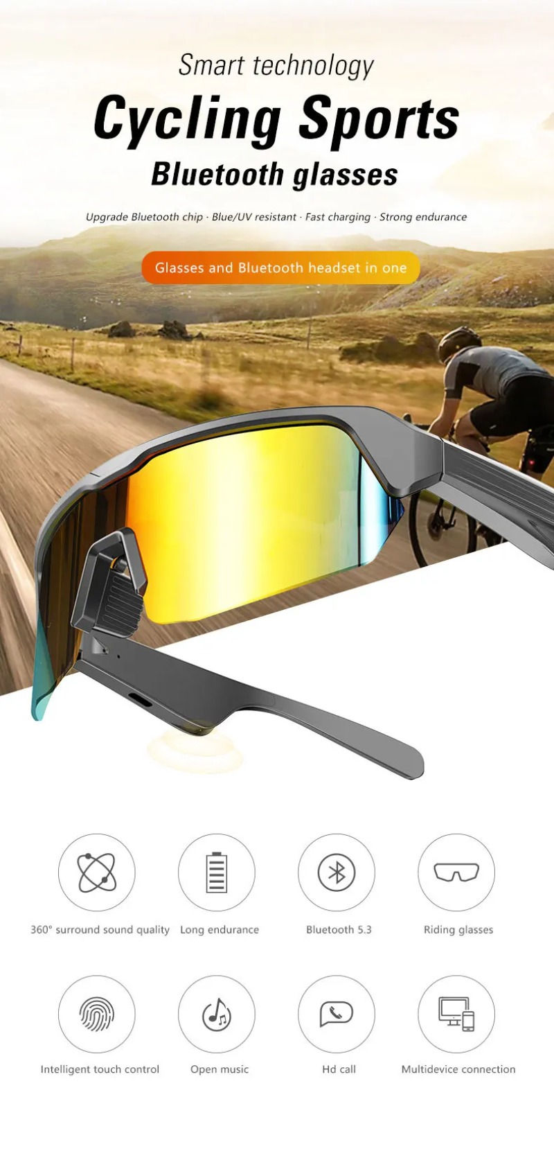 Miniatura: Cycling Running Bluetooth Smart Glasses Technology Audio Call Remote Headset Sun