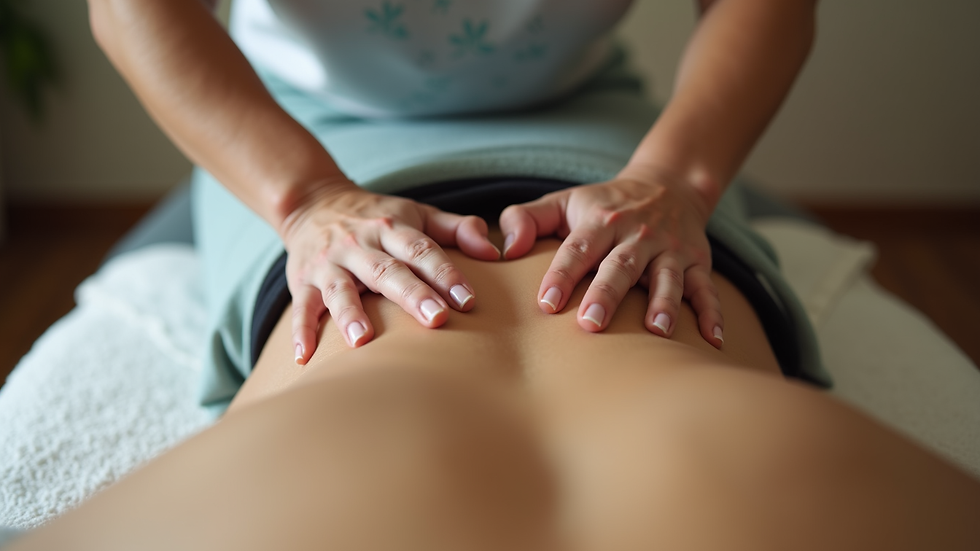 eye-level view of massage therapist performing abdominal massage
