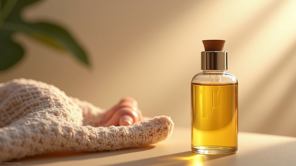 Close-up view of massage oil bottle and smooth skin