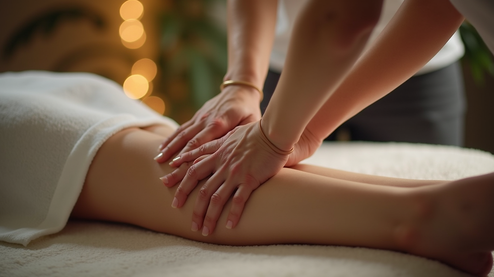 close-up view of hands performing Thai massage stretching on a client's leg