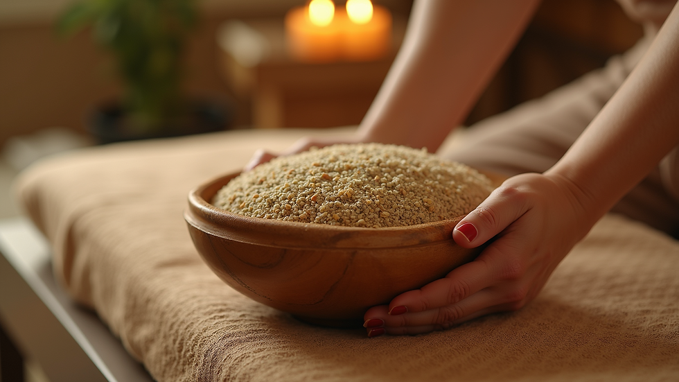 close-up view of warm herbal compress used in Thai massage