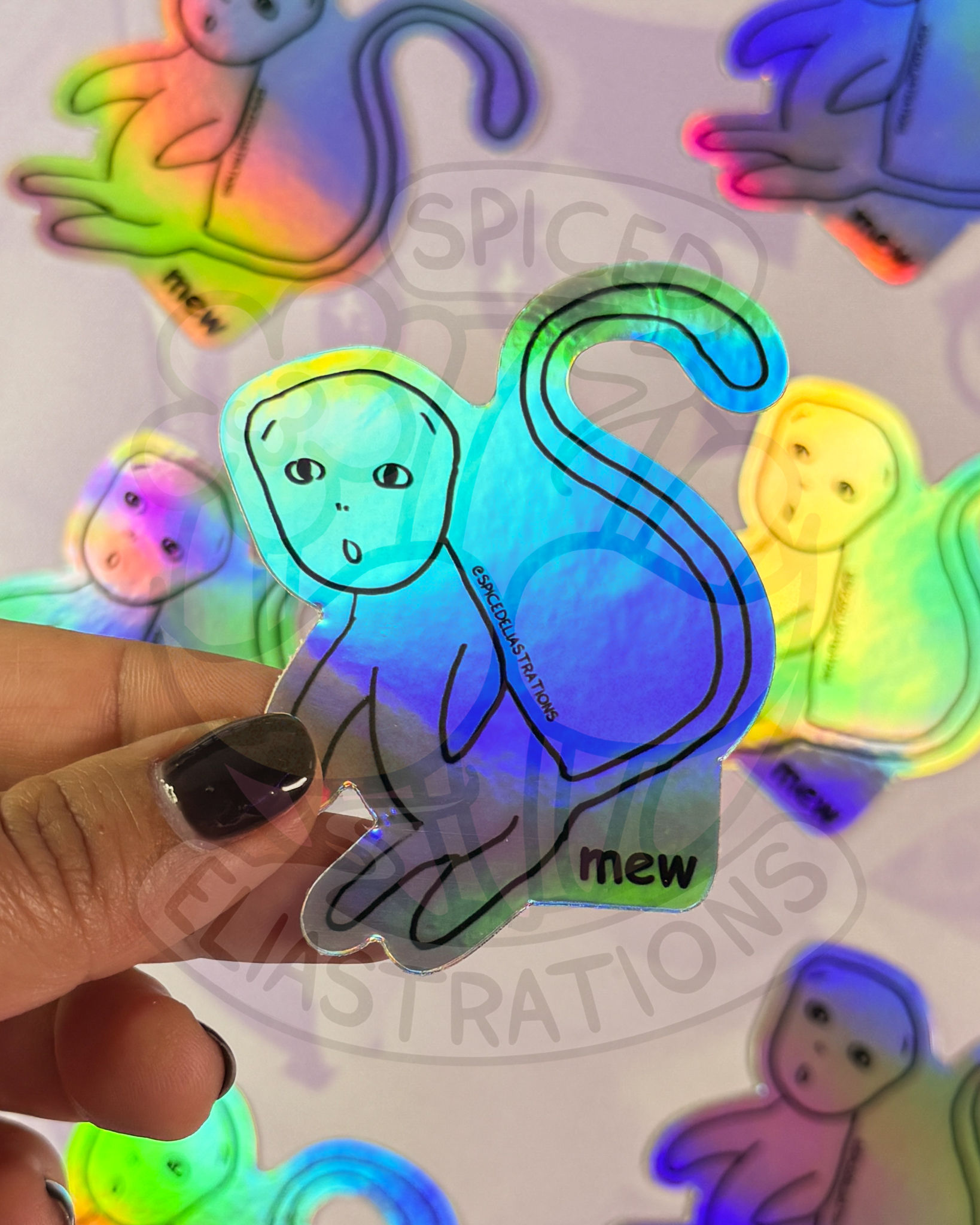 mew the pokemon drawn poorly from memory on a holographic sticker reading "mew" in comic sans