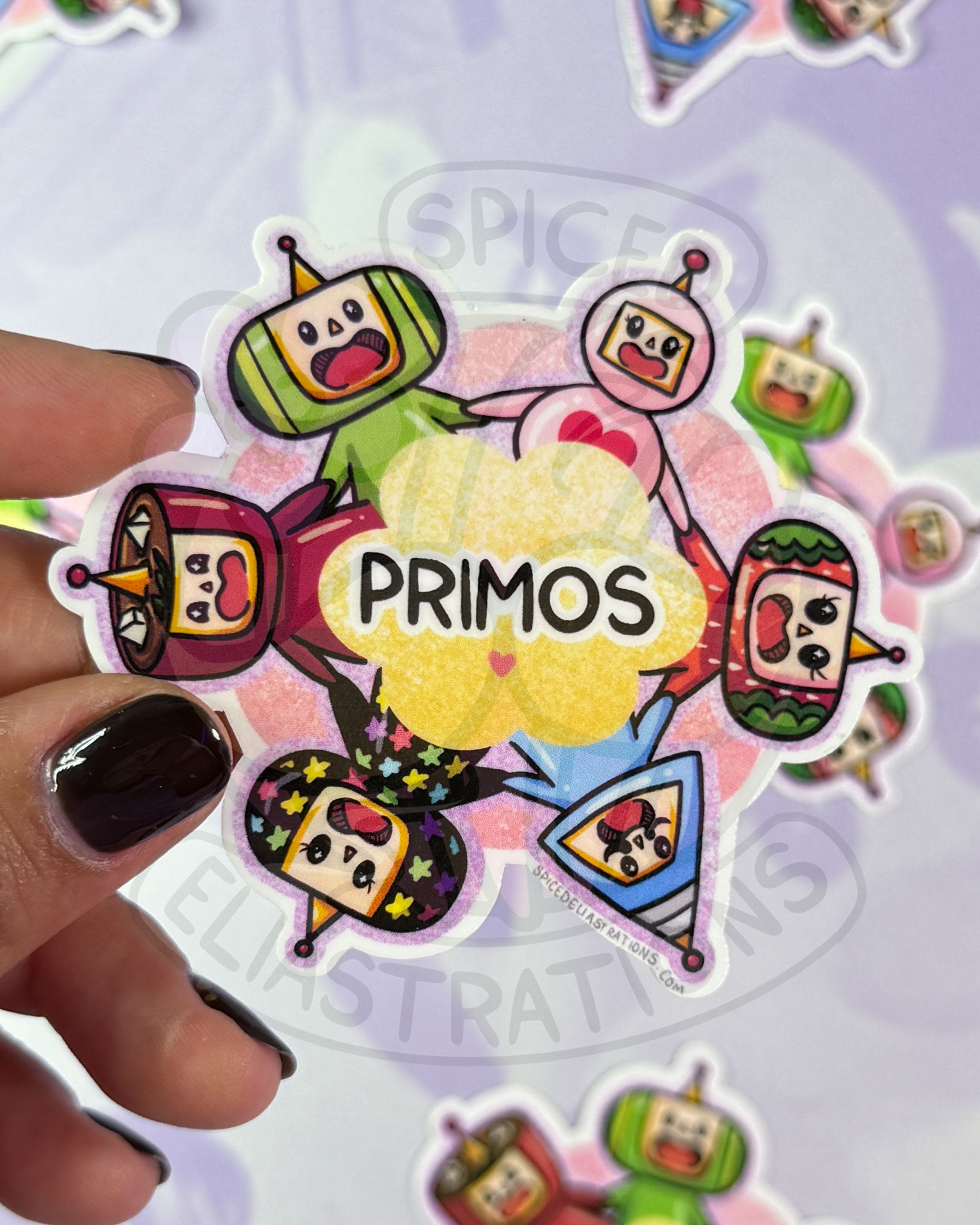 the katamari prince surrounded by Dipp, Miso, and other cousins with "primos," cousin in spanish, written in the middle