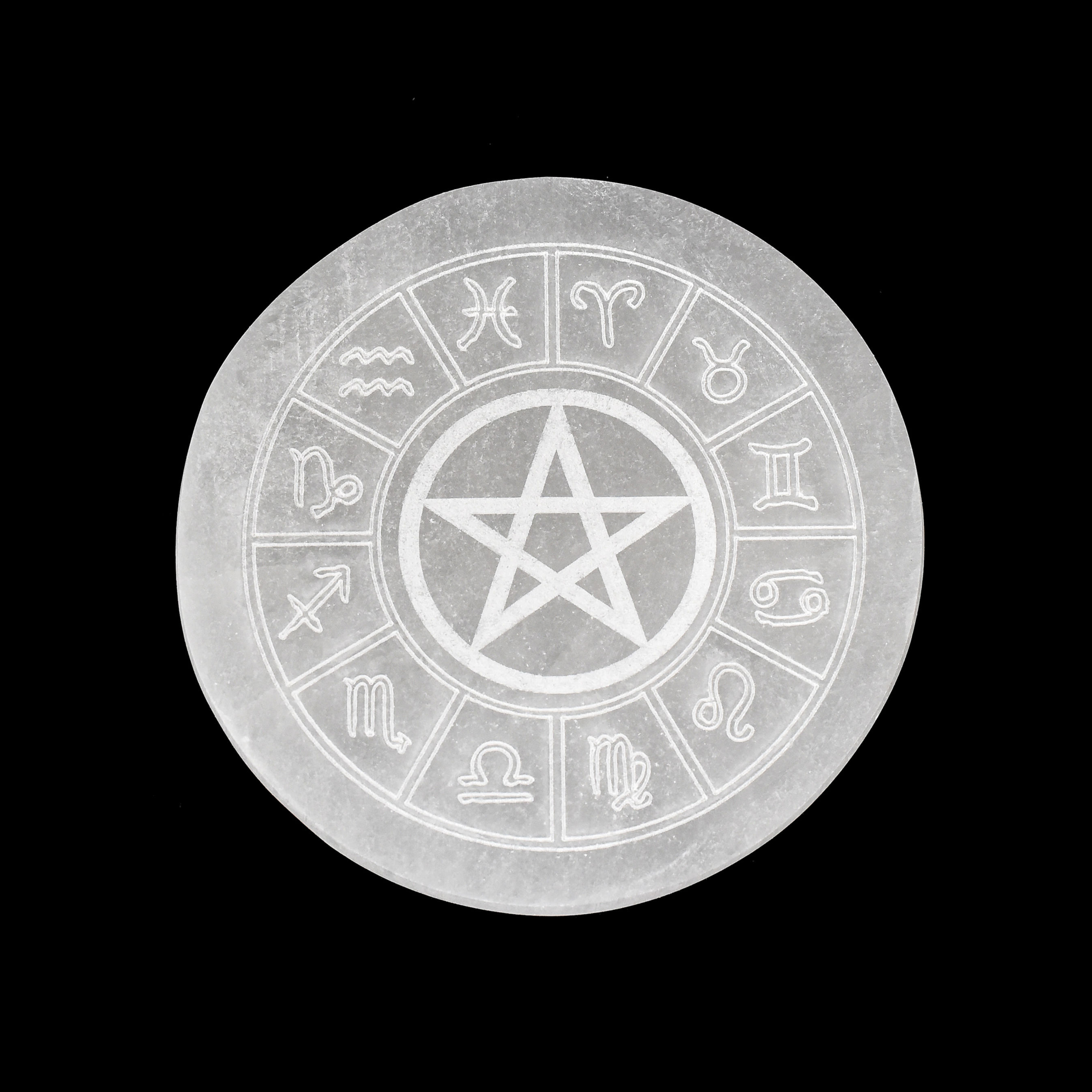 Selenite Charging Disc Etched Zodiac Pentacle