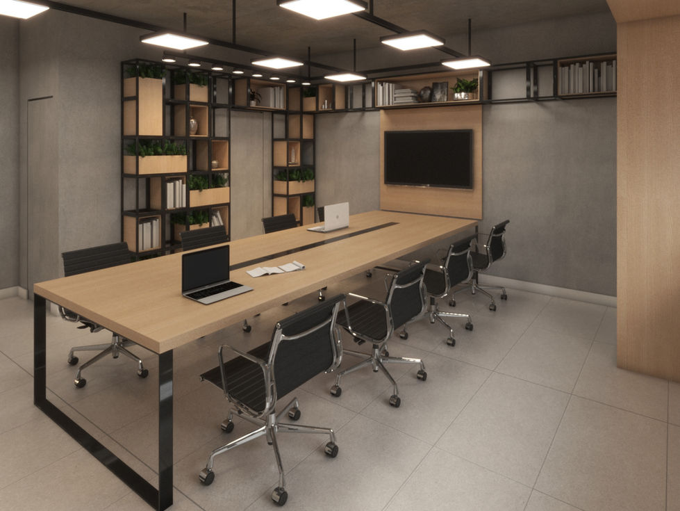Sala de reunião moderna com mesa de madeira e estantes.