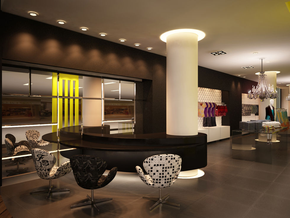 Interior de loja moderna com balcão curvo e poltronas design.